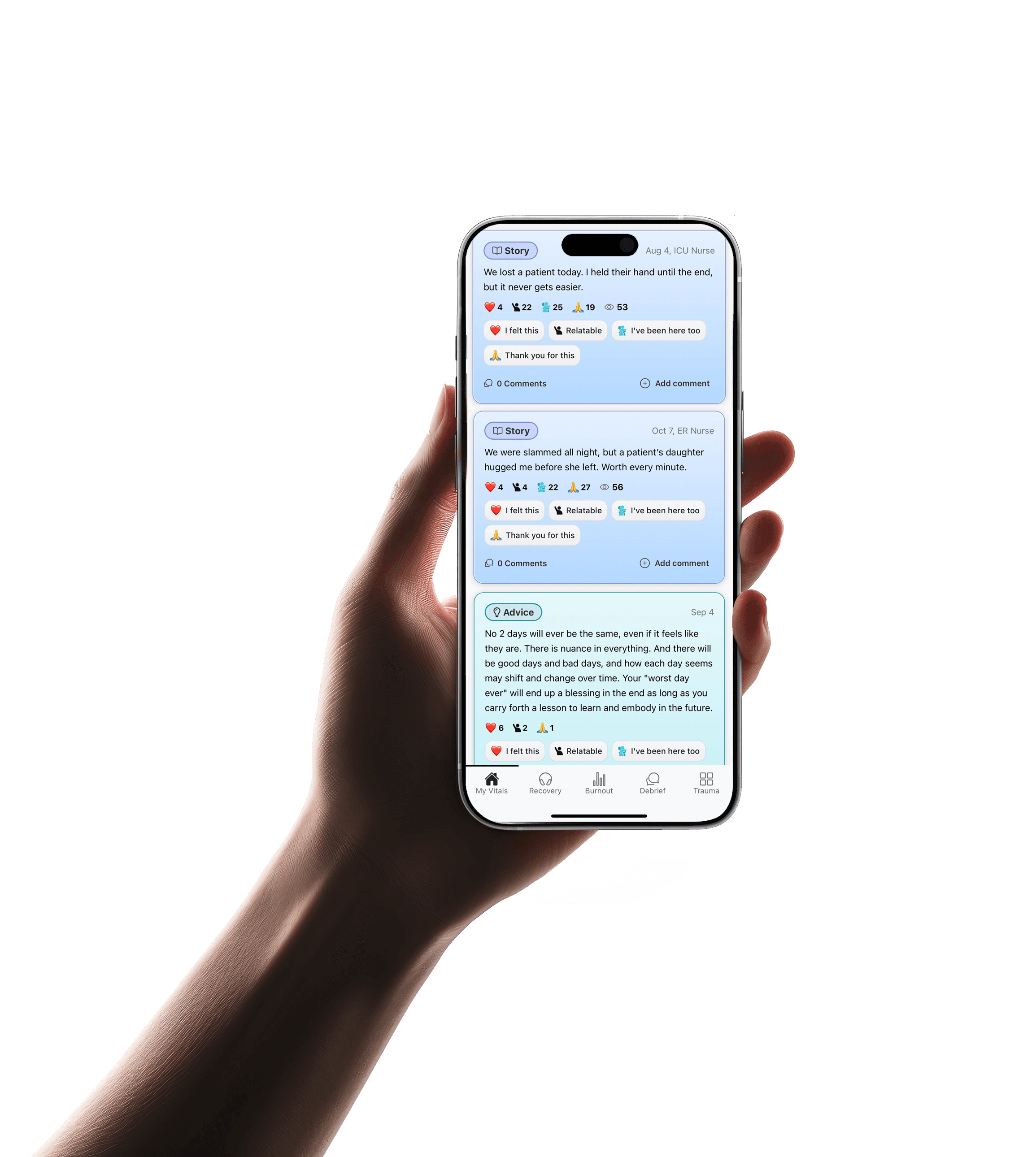 Hand holding smartphone with GetVitals app